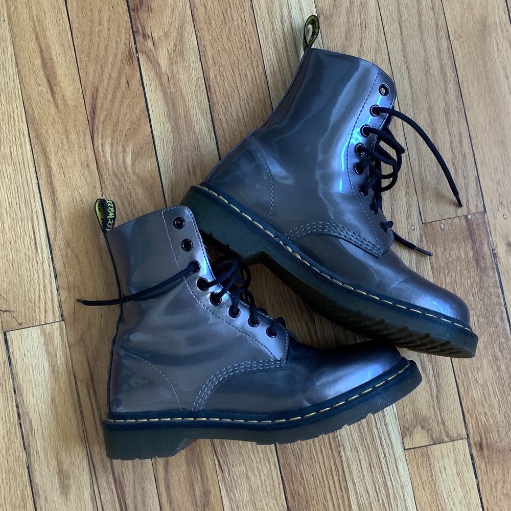 Silver Doc (Dr.) Martens boots. Unusual metallic patent leather. Size 8 US.